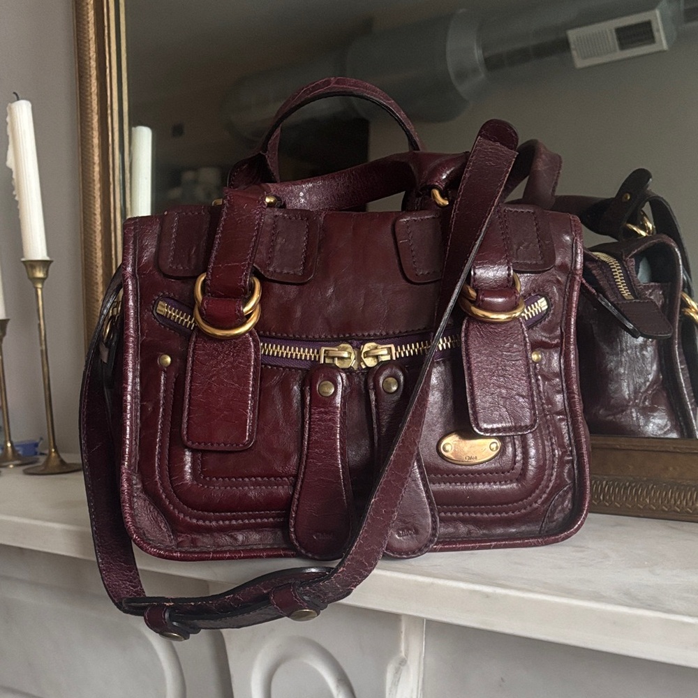 Chloe Burgundy Leather “Bay Bag” with Gold Hardware